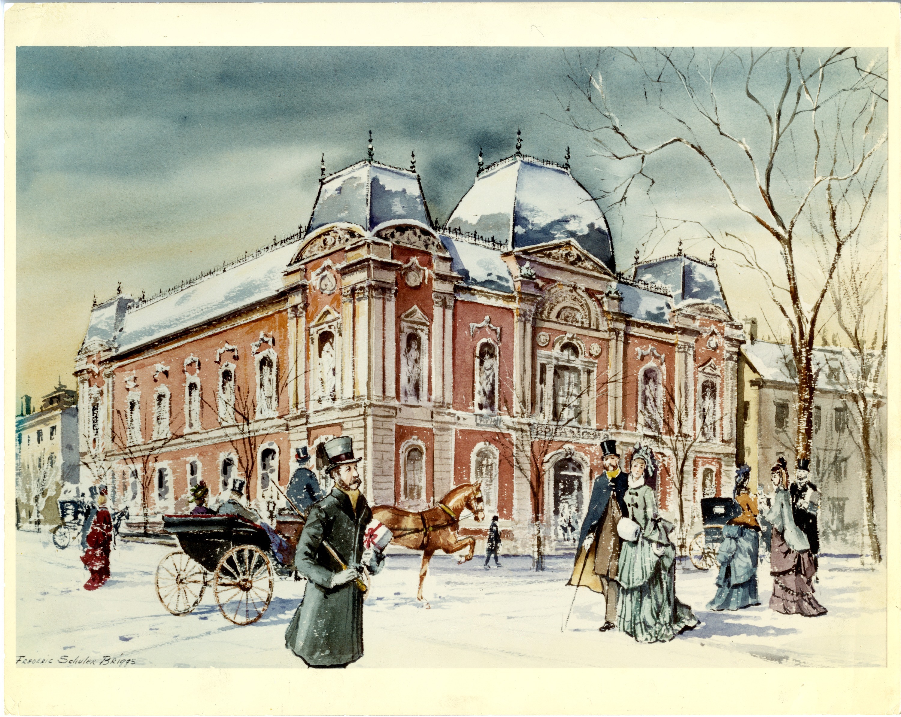 Painting of the Corcoran Gallery, now the Renwick Gallery, in the winter. People in winter overcoats stroll in front of the building. 