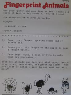 Instructions for fingerprint animals from the Friend of the National Zoo publications, Paw Prints, V