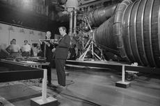 CBS reporter and Washington, D.C., native Roger Mudd (at right) interviews Smithsonian aeronautics c