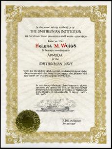 Helena Weiss' certificate appointing her an admiral in the Smithsonian Navy, from Secretary S. Dillo