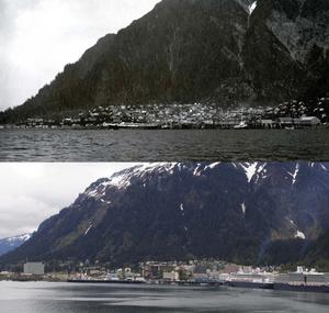 Juneau then and now: (top) Image of Juneau taken by Edward Curtis, 1899, Smithsonian Institution Arc