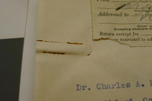 Staining caused by a rusty paperclip, October 2012, by Janelle Batkin-Hall, Watson Davis Papers, Smi