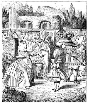 The Queen of Hearts shouting at Alice, by John Tenniel, in Lewis Carroll's, "Alice's Adventures in W