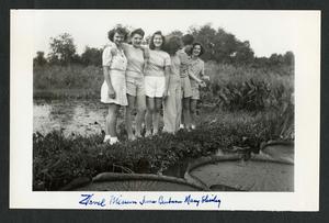 Zavelle, Miriam, June, Barbara, Mary, and Shirley on a Sunday at the lilly pond, c. 1942, black-and-