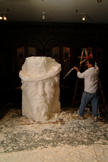 Soap sculptor Gary Lawrence Sussman carves a bust of Uncle Sam.