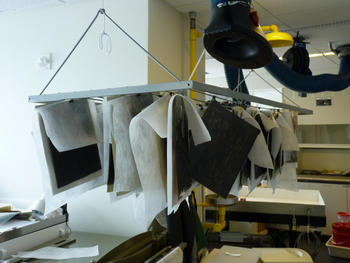Disaster mock up - Drying negatives with hanging rack and nonwoven polyester, 2011, by Jessica Lapin