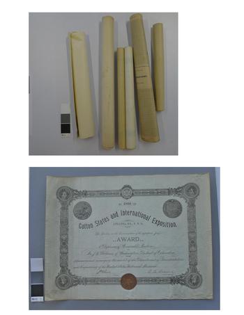 The top image shows several of the rolled documents before humidification and the bottom image shows