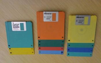 A rainbow of floppy diskettes. It is difficult to find current PCs with 3.5-inch drives to read thes