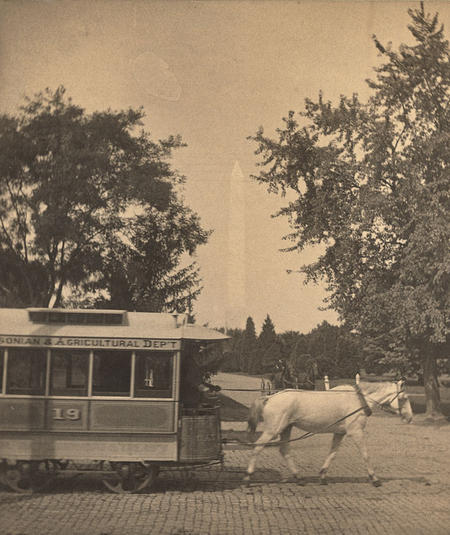 Horse drawn trolley car along the National Mall.