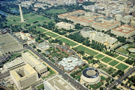 Aerial view of National Mall and surrounding buildings.