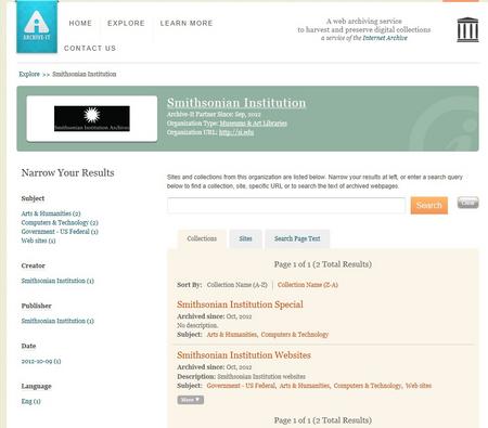 A screenshot of the Smithsonian Institution collections page on Archive-It.