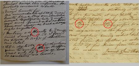 James Smithson's handwriting circa 1822 on left, compared to the Draft Will of James Smithson on rig