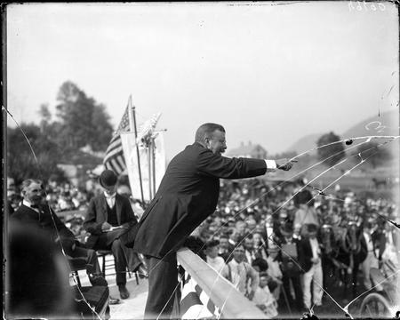 United States President Theodore "Teddy" Roosevelt at a speaking engagement.