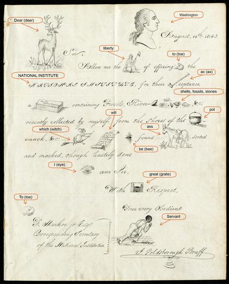 Rebus letter from A. Gouldsborough Bruff to F. Markoe, Jr. of the National Institute, 1863, as trans