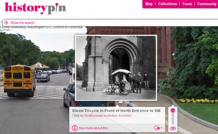 The Lucius D. Copeland steam tricycle in front of the Smithsonian Institution Building.