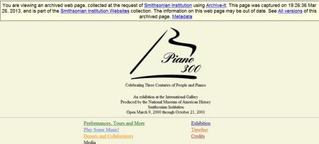 A screenshot of the website for the "Piano 300: Celebrating Three Centuries of People and Pianos" ex