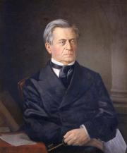 Painting of Joseph Henry seated, dressed in a dark suit, with a key in one hand and a piece of paper