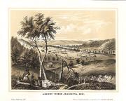 This depiction of Marietta, Ohio includes trees, a river, rolling hills, American Indianas, and dwel