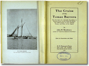 Image of opened book, with a images of a ship on one side, and a title plate and stamp on the other