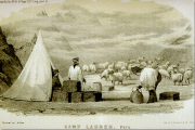 Image of a tent, three human and a heard of sheep