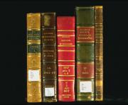 This image shows the spines of five books, in gold, brown, red and green colors