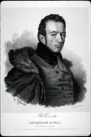 Black and white engraving of upper body and head of Joel Poinsett, sitting facing right, wearing coa