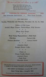 Menu for the bush-style roast young hippopotamus luncheon held by the Anteaters Association on Novem