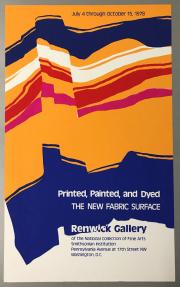 Vertically oriented poster of abstract fabric in blue, orange, pink, and white.