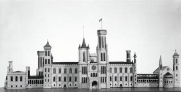 Black and white image of James Renwick's wood and paper scale model of the north facade of the Smith