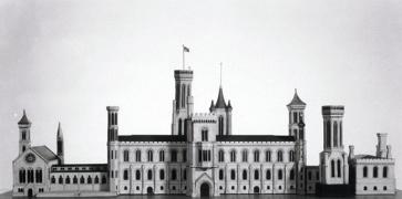 Black and white image of James Renwick's wood and paper scale model of the south facade of the Smith