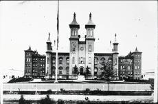 Black and white photograph of Davis Hall at Worcester Academy