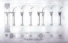 Black and white drawing of medieval style "cloisters" or open walkways made of arches