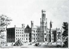 Black and white photograph of Douglas Hall at University of Chicago