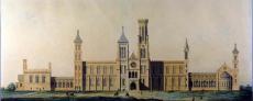 Watercolor drawing of the Smithsonian Building's northern facade, including architecture features li