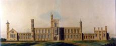 Smithsonian Building, South Facade, by Moore and Townsend, watercolor, 1848, Smithsonian Institution Archives Watercolor drawing of the Smithsonian Building's southern facade, including architecture features li