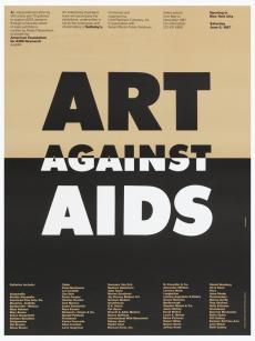 Poster with large text on brown and black background.