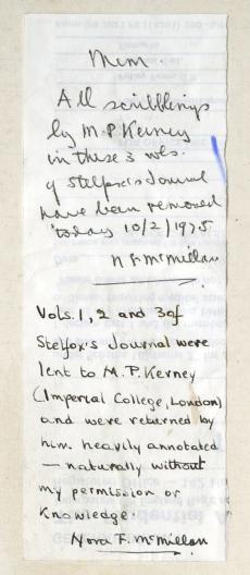 A note written by naturalist Nora F. McMillan, found in the diaries of Arthur W. Stelfox.