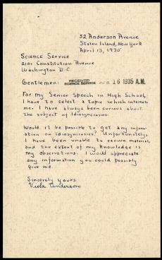 Viola Anderson to Science Service, April 13, 1935, Record Unit 7091: Science Service, Records, 1902-