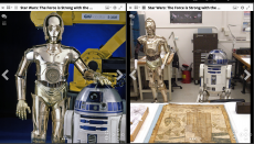 A side by side comparison of two color photographs. Left is a golden human shaped robot standing nex