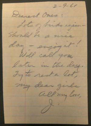 Note from James Eike to his wife, Claire, and daughter, Susan, dated Februrary 9, 1961. Record Unit 