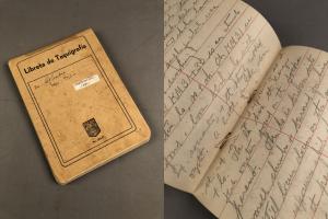 Side by side image with a closed notebook on the left and an open page on the right.