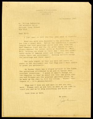 Letter to Willem de Kooning from Joseph Hirshhorn, November 15, 1967. Record Unit 7449 - Joseph H. H