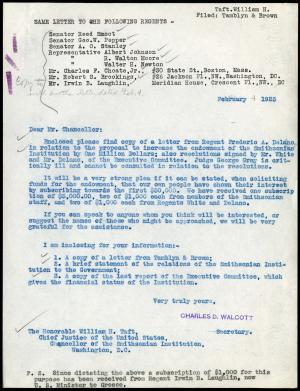 February 4, 1925 Letter Charles Doolittle Walcott to William Howard Taft, Record Unit 45 - Office of