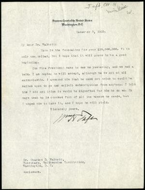 December 7, 1925 letter, William Howard Taft to Charles Doolittle Walcott, Record Unit 45 - Office o