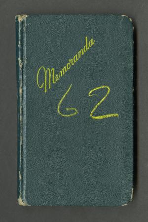 Cover of green notebook with "Memoranda" and "62" in yellow ink.