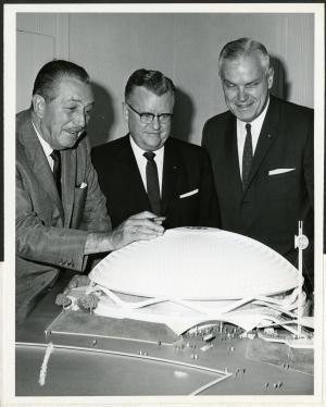Walt Disney with Progressland model, 1964