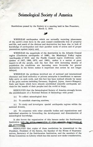 Resolution of the Seismological Society of America, 1910, Record Unit 45 - Office of the Secretary, 