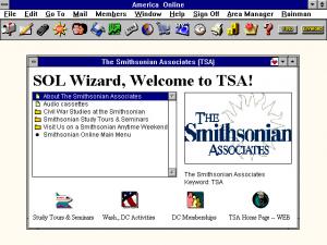 Screenshot of The Smithsonian Associates, which offered information about events and memberships, available through Smithsonian Online (SOL). Smithsonian Institution Archives Accession 97-136. Screenshot of The Smithsonian Associates, which offered information about events and memberships, av