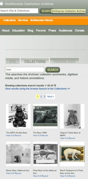 Screen shot of our collections search operating at its lowest resolution. Bear images were often use
