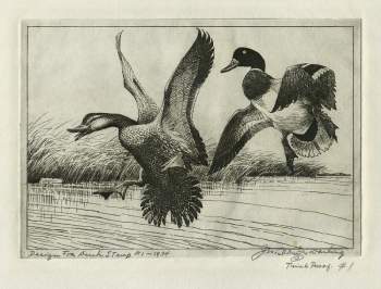 Design for a stamp featuring two ducks flying over a lake. There is a signature on the bottom left and to the right, the image is captioned "Design for Dick Stamp #1-1934."